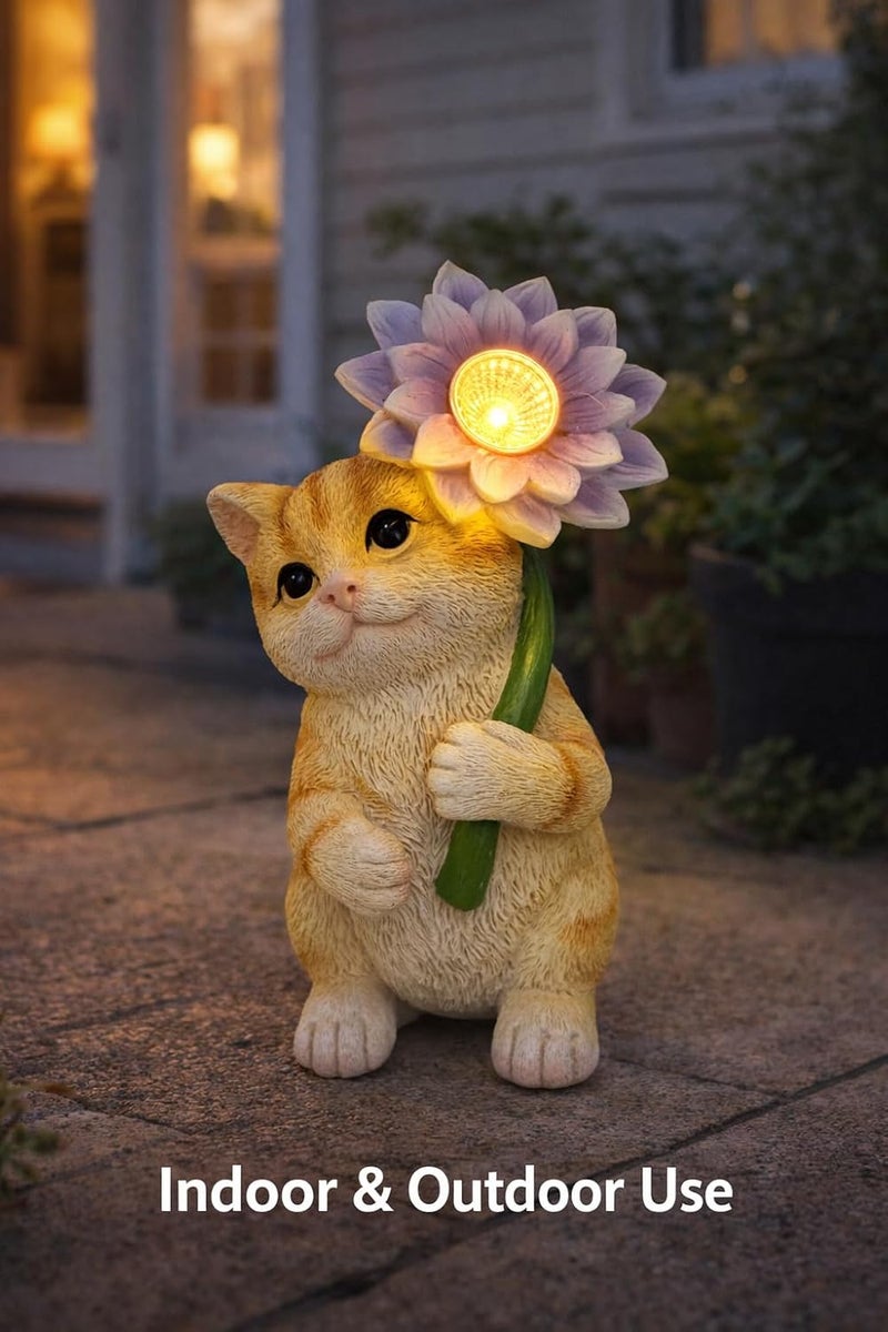 GoGnome Solar Cat Garden Statue with LED Flower for Mom Woman – 6.5‘’ Hand-Painted Resin Outdoor Kitten Figurine, Automatic Night Light, Yard Patio Lawn Decor (Kitten) - Image 3